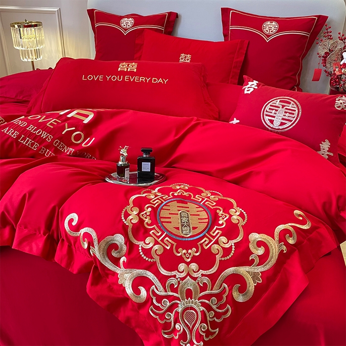 91家纺网 家纺一手货源 找家纺 洽想家 2025新款亲肤棉磨毛刺绣婚庆四件套多件套 喜情缘（磨毛款）