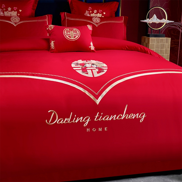 91家纺网 家纺一手货源 找家纺 洽想家 2025新款亲肤棉磨毛刺绣婚庆四件套多件套 喜结连理(磨毛款)