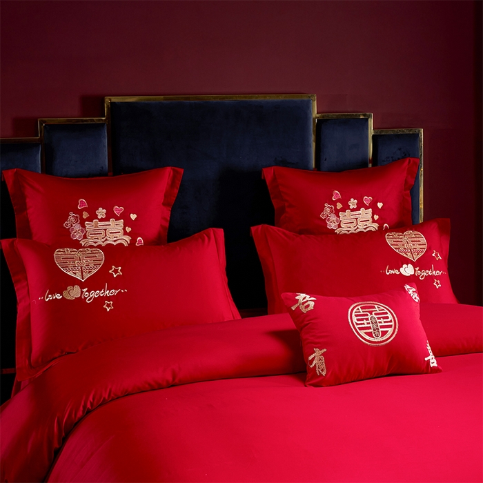 91家纺网 家纺一手货源 找家纺 洽想家 2025新款亲肤棉磨毛刺绣婚庆四件套多件套 吾家有喜(磨毛款)