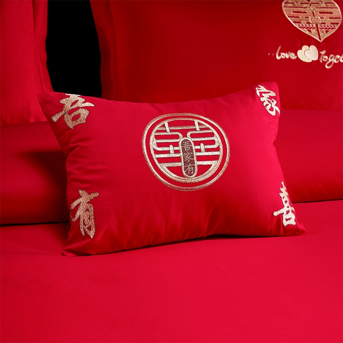 91家纺网 家纺一手货源 找家纺 洽想家 2025新款亲肤棉磨毛刺绣婚庆四件套多件套 吾家有喜(磨毛款)