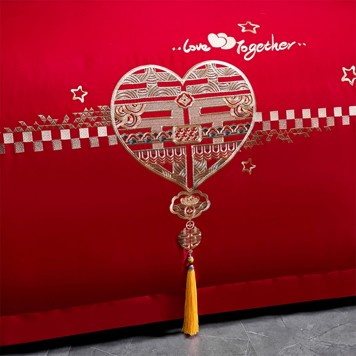 91家纺网 家纺一手货源 找家纺 洽想家 2025新款亲肤棉磨毛刺绣婚庆四件套多件套 吾家有喜(磨毛款)