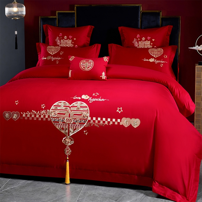 91家纺网 家纺一手货源 找家纺 洽想家 2025新款亲肤棉磨毛刺绣婚庆四件套多件套 吾家有喜(磨毛款)