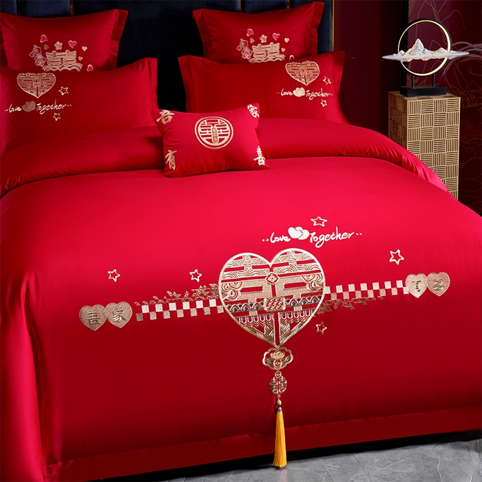 91家纺网 家纺一手货源 找家纺 洽想家 2025新款亲肤棉磨毛刺绣婚庆四件套多件套 吾家有喜(磨毛款)