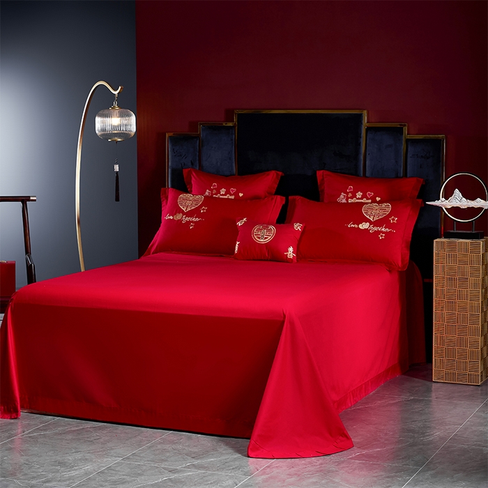 91家纺网 家纺一手货源 找家纺 洽想家 2025新款亲肤棉磨毛刺绣婚庆四件套多件套 吾家有喜(磨毛款)