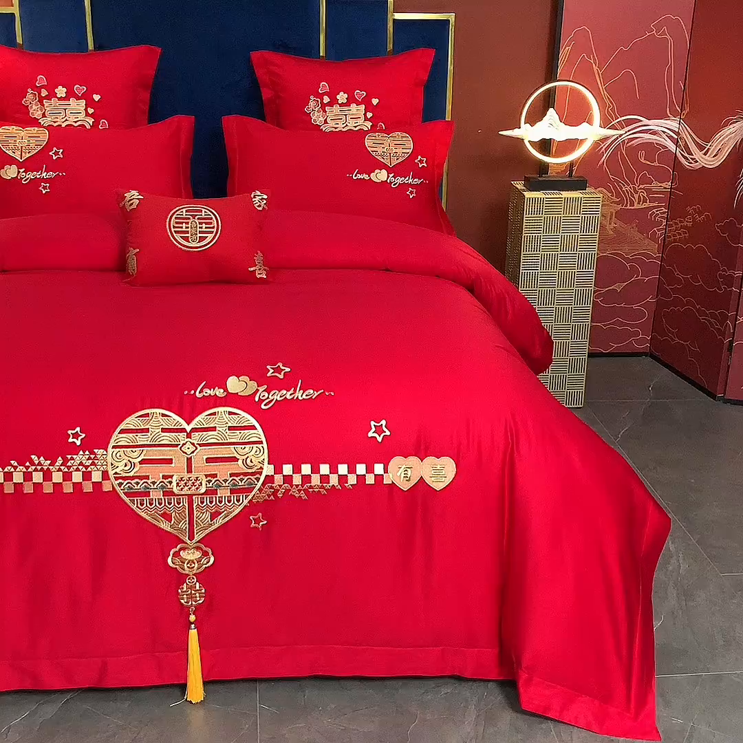 91家纺网 家纺一手货源 找家纺 洽想家 2025新款亲肤棉磨毛刺绣婚庆四件套多件套 吾家有喜(磨毛款)