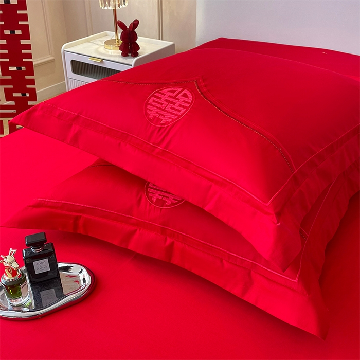 91家纺网 家纺一手货源 找家纺 洽想家 2025新款亲肤棉磨毛刺绣婚庆四件套多件套 良辰喜事（本色线）磨毛款