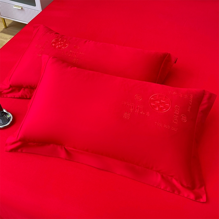 91家纺网 家纺一手货源 找家纺 洽想家 2025新款亲肤棉磨毛刺绣婚庆四件套多件套 良辰喜事（本色线）磨毛款