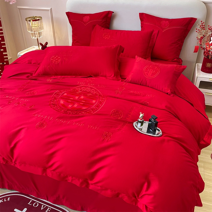 91家纺网 家纺一手货源 找家纺 洽想家 2025新款亲肤棉磨毛刺绣婚庆四件套多件套 良辰喜事（本色线）磨毛款