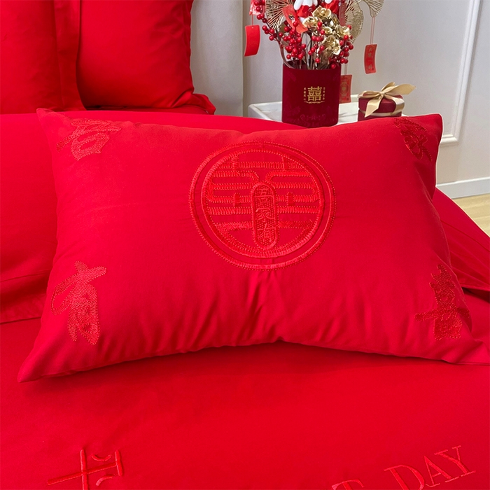 91家纺网 家纺一手货源 找家纺 洽想家 2025新款亲肤棉磨毛刺绣婚庆四件套多件套 良辰喜事（本色线）磨毛款