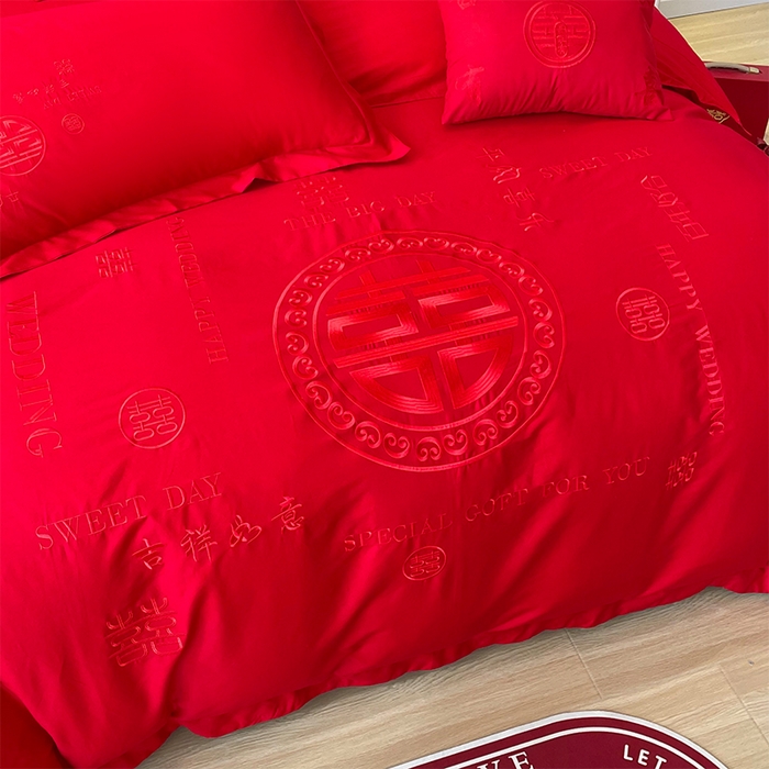 91家纺网 家纺一手货源 找家纺 洽想家 2025新款亲肤棉磨毛刺绣婚庆四件套多件套 良辰喜事（本色线）磨毛款