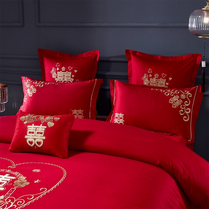 91家纺网 家纺一手货源 找家纺 洽想家 2025新款亲肤棉磨毛刺绣婚庆四件套多件套 满心欢喜