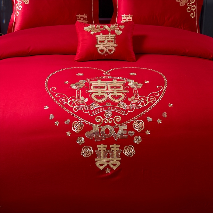 91家纺网 家纺一手货源 找家纺 洽想家 2025新款亲肤棉磨毛刺绣婚庆四件套多件套 满心欢喜