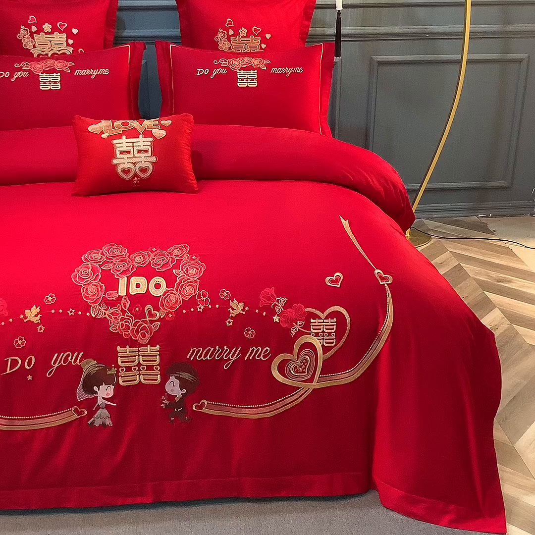 91家纺网 家纺一手货源 找家纺 洽想家 2025新款亲肤棉磨毛刺绣婚庆四件套多件套 情定三生