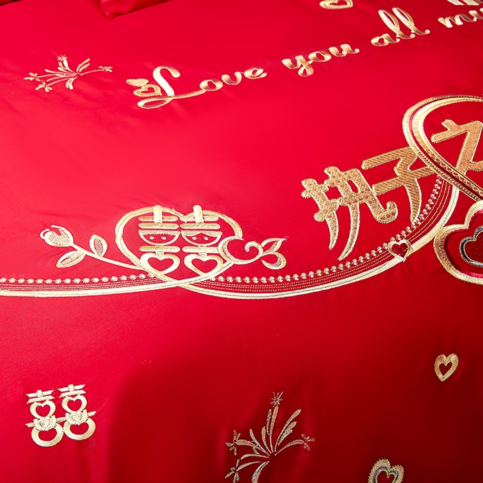 91家纺网 家纺一手货源 找家纺 洽想家 2025新款亲肤棉磨毛刺绣婚庆四件套多件套 执子之手（磨毛款）