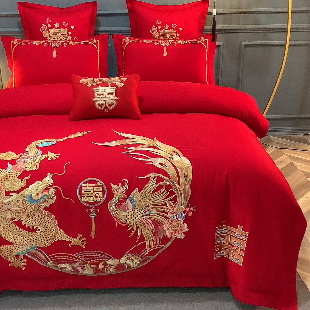 91家纺网 家纺一手货源 找家纺 洽想家 2025新款磨毛婚庆四件套多件套 龙凤双喜