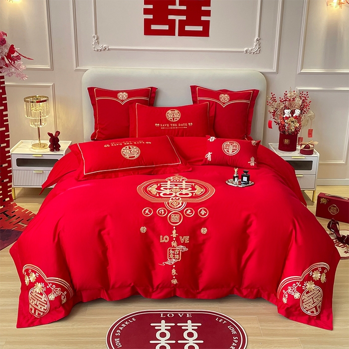 91家纺网 家纺一手货源 找家纺 洽想家 2025新款亲肤棉磨毛刺绣婚庆四件套多件套 天作之合（磨毛款）