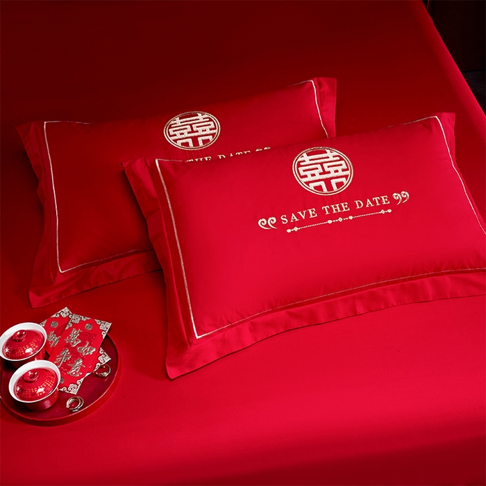 91家纺网 家纺一手货源 找家纺 洽想家 2025新款亲肤棉磨毛刺绣婚庆四件套多件套 天作之合（磨毛款）