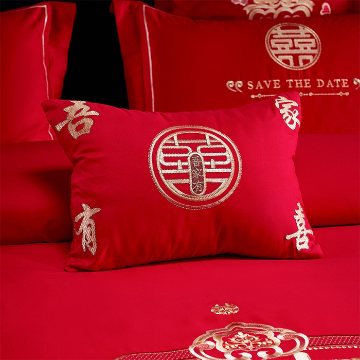 91家纺网 家纺一手货源 找家纺 洽想家 2025新款亲肤棉磨毛刺绣婚庆四件套多件套 天作之合（磨毛款）