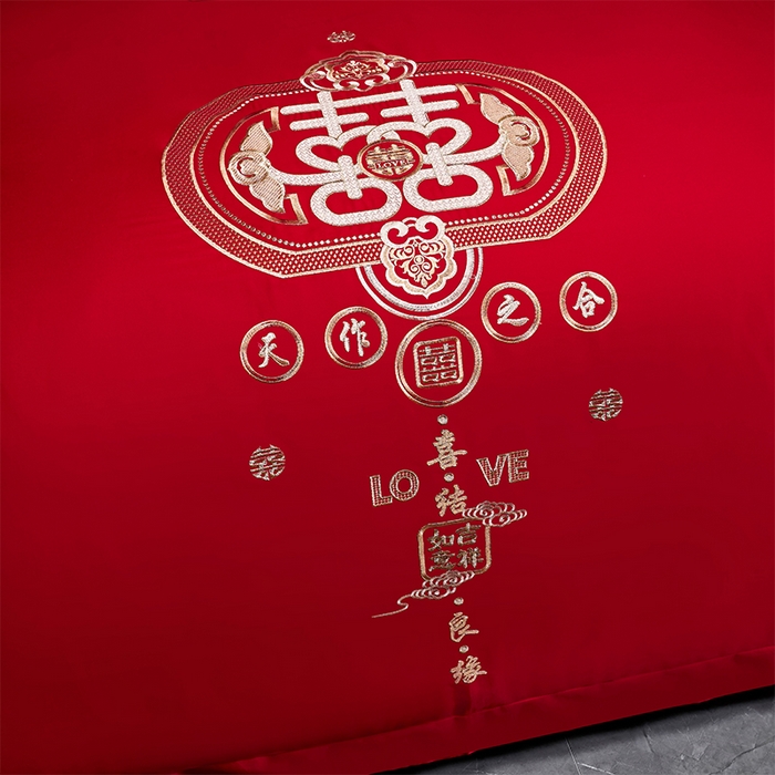 91家纺网 家纺一手货源 找家纺 洽想家 2025新款亲肤棉磨毛刺绣婚庆四件套多件套 天作之合（磨毛款）