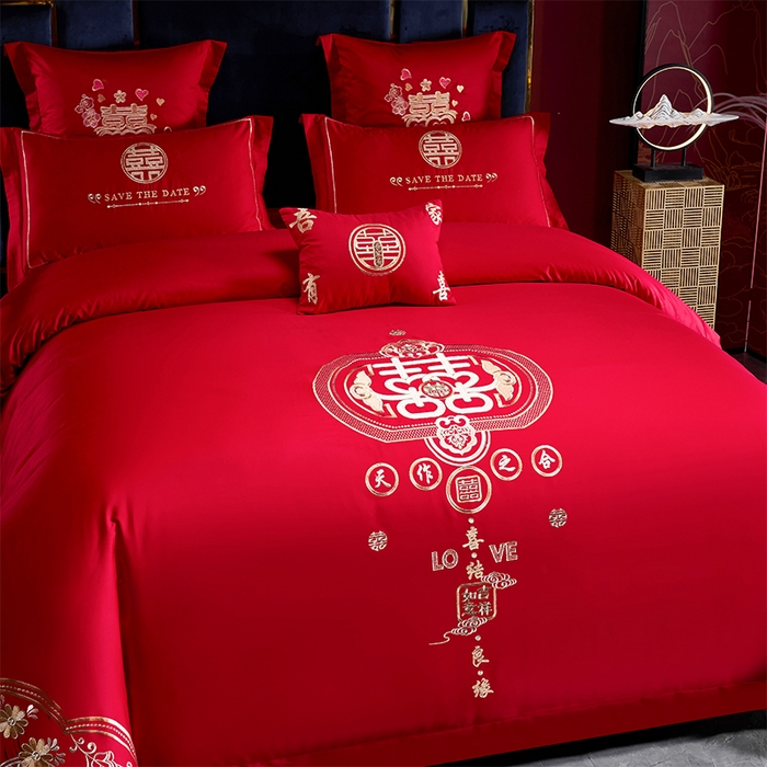 91家纺网 家纺一手货源 找家纺 洽想家 2025新款亲肤棉磨毛刺绣婚庆四件套多件套 天作之合（磨毛款）