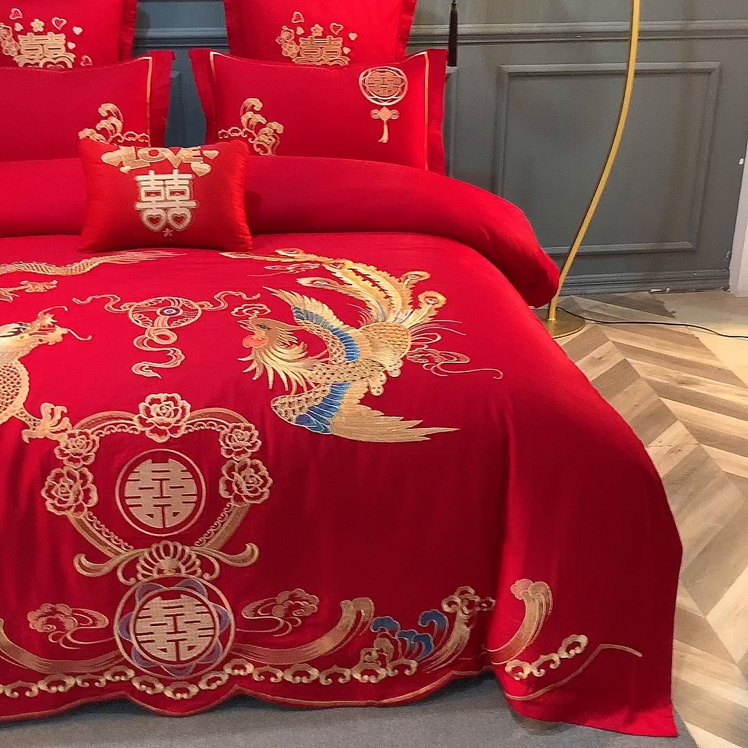 91家纺网 家纺一手货源 找家纺 洽想家 2025新款亲肤棉磨毛刺绣婚庆四件套多件套 龙凤贺喜
