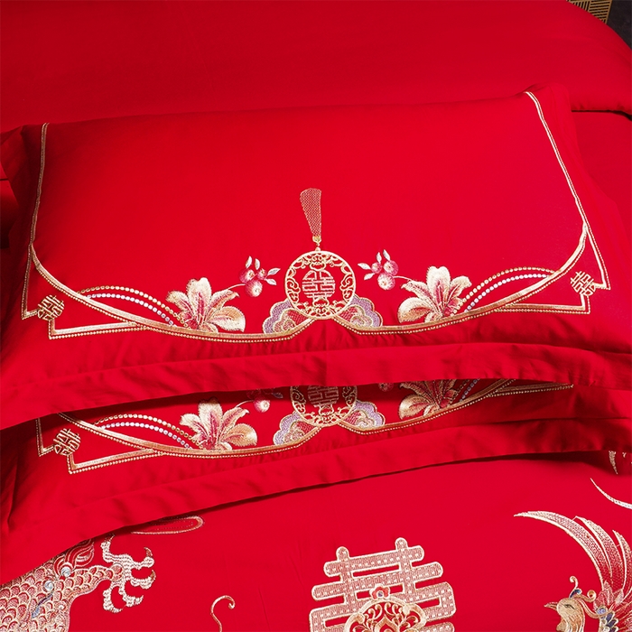 91家纺网 家纺一手货源 找家纺 洽想家 2025新款亲肤棉磨毛刺绣婚庆四件套多件套 龙凤喜韵