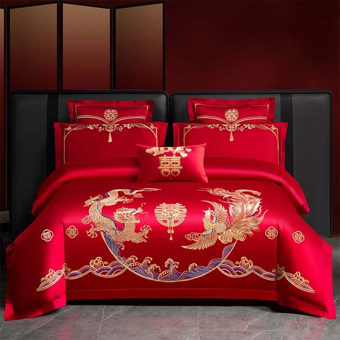 洽想家 2025新款亲肤棉磨毛刺绣婚庆四件套多件套 龙凤喜韵