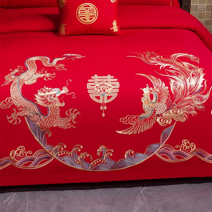 91家纺网 家纺一手货源 找家纺 洽想家 2025新款亲肤棉磨毛刺绣婚庆四件套多件套 龙凤喜韵