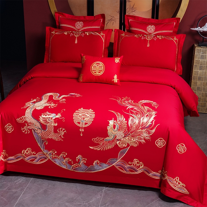 91家纺网 家纺一手货源 找家纺 洽想家 2025新款亲肤棉磨毛刺绣婚庆四件套多件套 龙凤喜韵