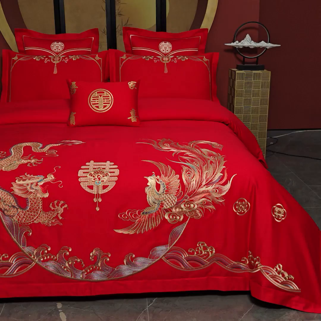 91家纺网 家纺一手货源 找家纺 洽想家 2025新款亲肤棉磨毛刺绣婚庆四件套多件套 龙凤喜韵