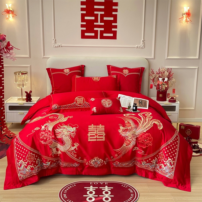 洽想家 2025新款亲肤棉磨毛刺绣婚庆四件套多件套 龙凤御喜(磨毛款)