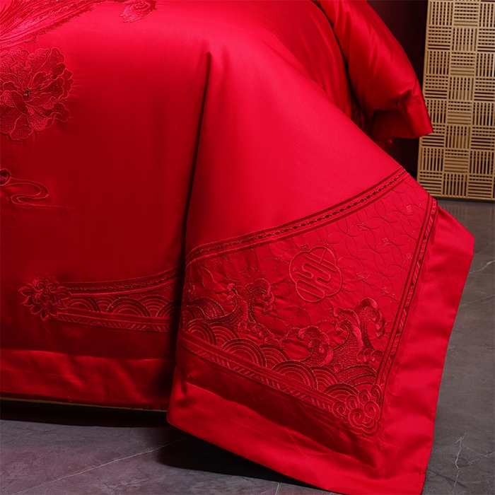 91家纺网 家纺一手货源 找家纺 洽想家 2025新款亲肤棉磨毛刺绣婚庆四件套多件套 龙凤御喜（本线绣）