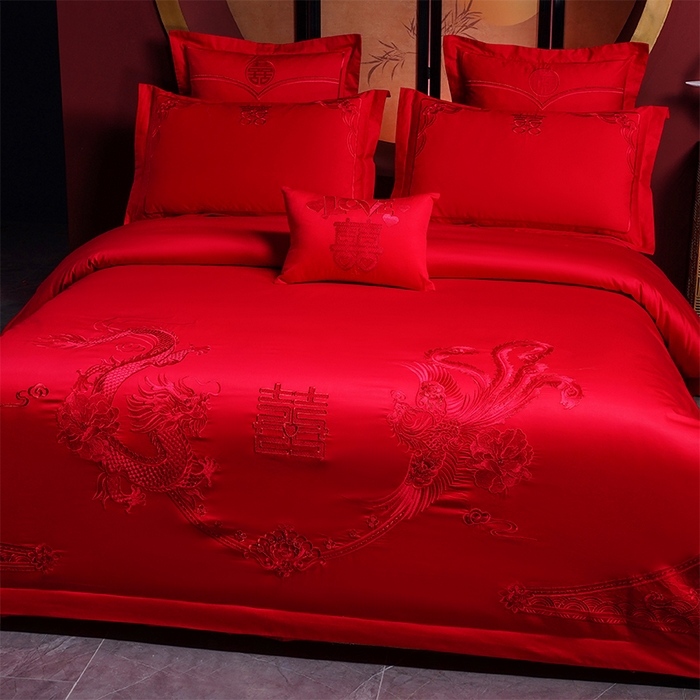 91家纺网 家纺一手货源 找家纺 洽想家 2025新款亲肤棉磨毛刺绣婚庆四件套多件套 龙凤御喜（本线绣）