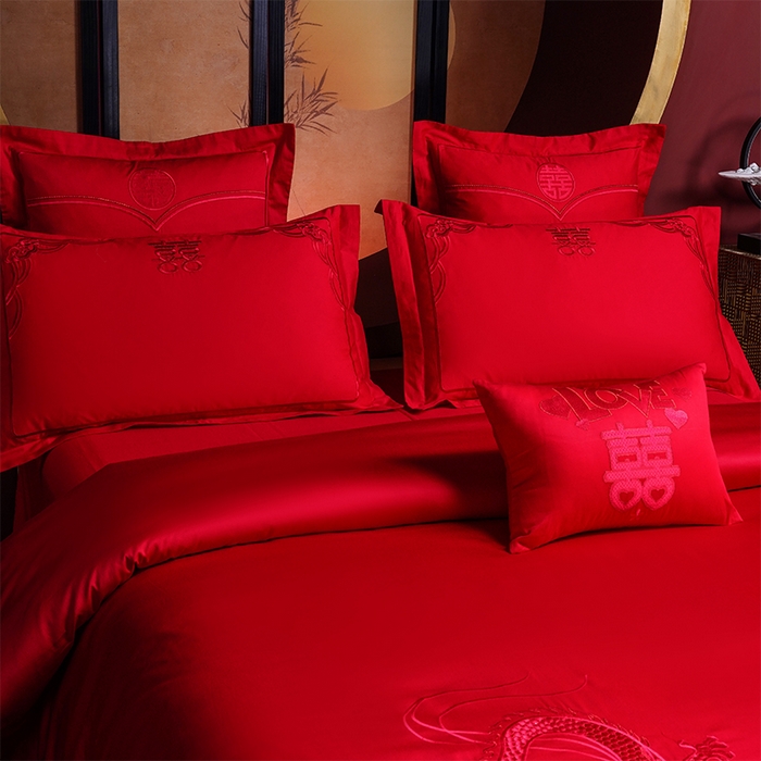 91家纺网 家纺一手货源 找家纺 洽想家 2025新款亲肤棉磨毛刺绣婚庆四件套多件套 龙凤御喜（本线绣）