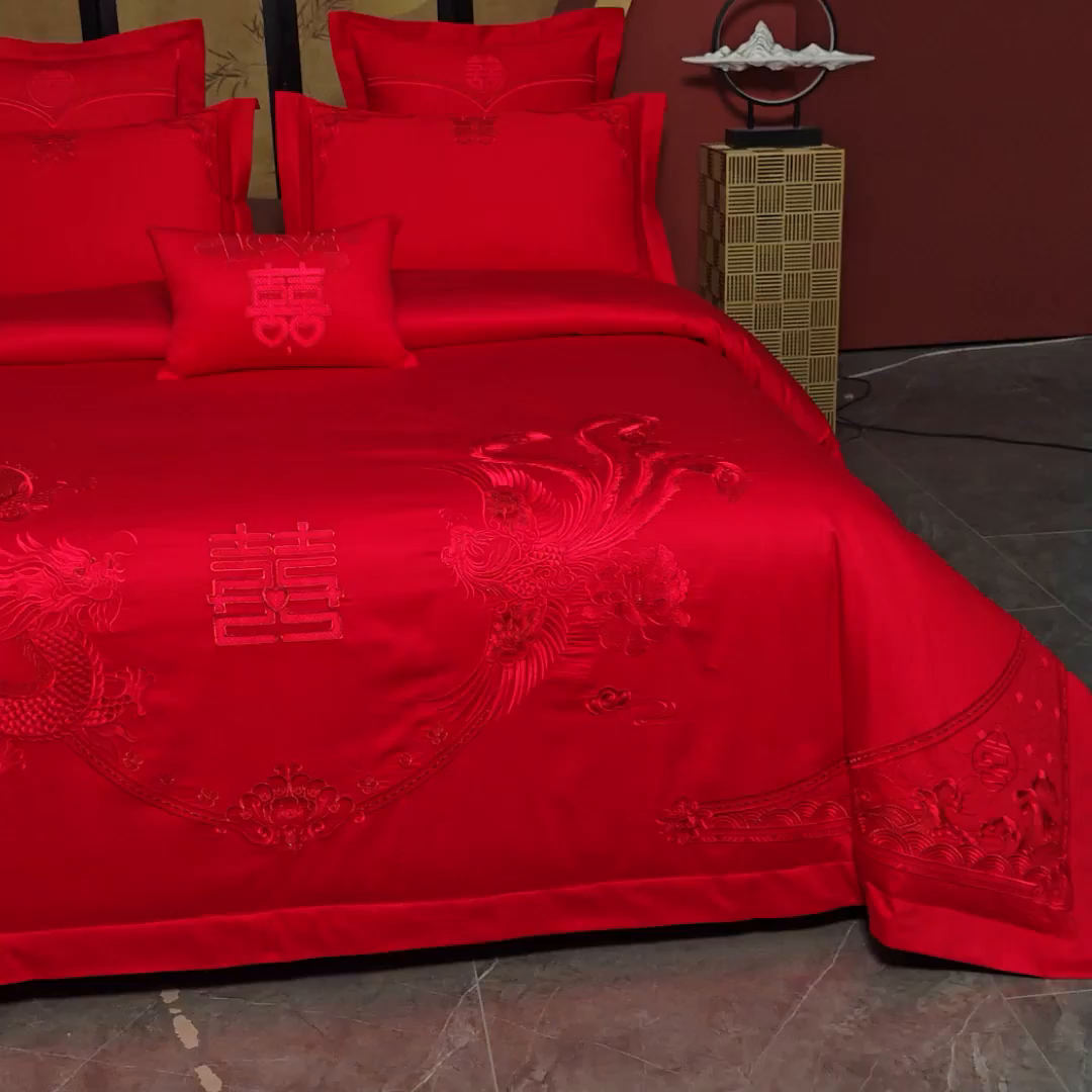91家纺网 家纺一手货源 找家纺 洽想家 2025新款亲肤棉磨毛刺绣婚庆四件套多件套 龙凤御喜（本线绣）