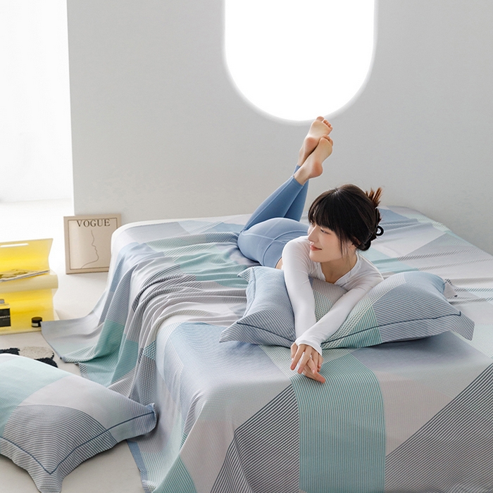 91家纺网 家纺一手货源 找家纺 洽想家 2025新款100%纯竹纤维凉席竹席冰丝席三件套空调席凉感席竹纤维软席子三件套 多彩 蓝