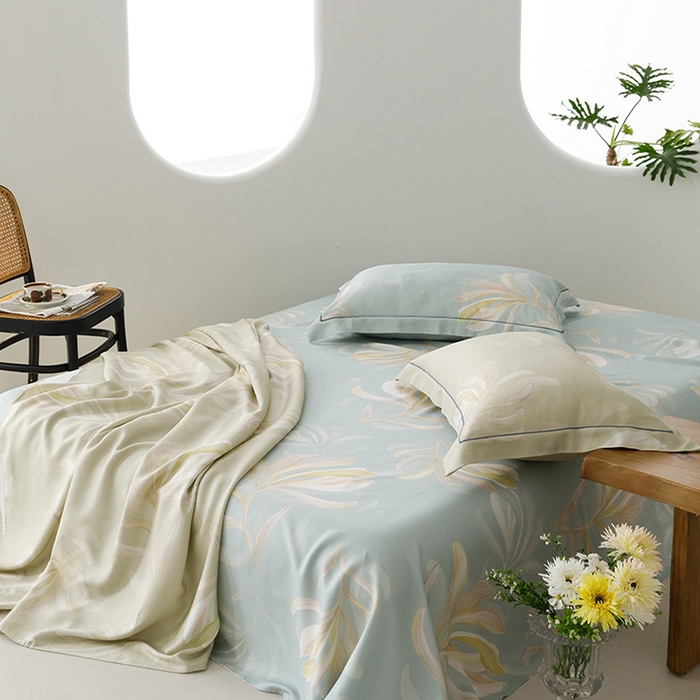 91家纺网 家纺一手货源 找家纺 洽想家 2025新款100%纯竹纤维凉席竹席冰丝席三件套空调席凉感席竹纤维软席子三件套 飘叶 兰