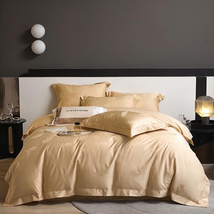 91家纺网 家纺一手货源 找家纺 洽想家 2025新款长绒棉贡缎提花手工立体埋绳工艺四件套礼盒包装系列二 飘羽（香槟金）