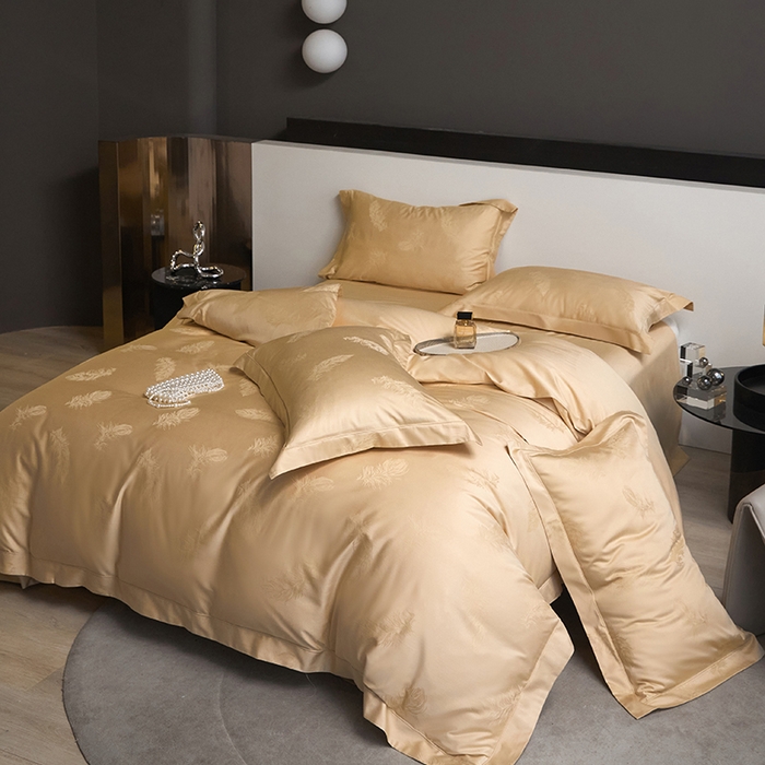 91家纺网 家纺一手货源 找家纺 洽想家 2025新款长绒棉贡缎提花手工立体埋绳工艺四件套礼盒包装系列二 飘羽（香槟金）