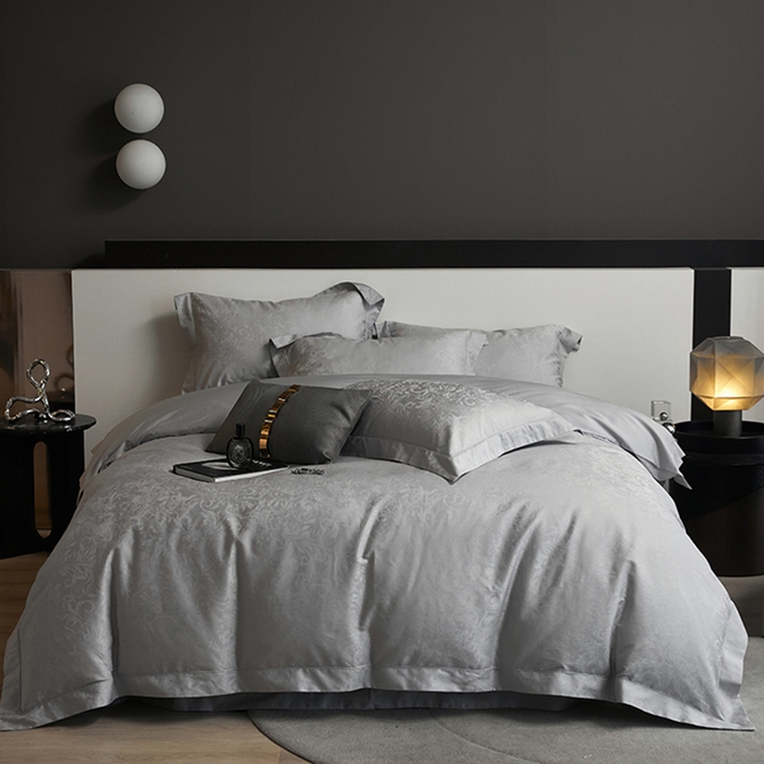 91家纺网 家纺一手货源 找家纺 洽想家 2025新款长绒棉贡缎提花手工立体埋绳工艺四件套礼盒包装系列二 维卡（高级灰）