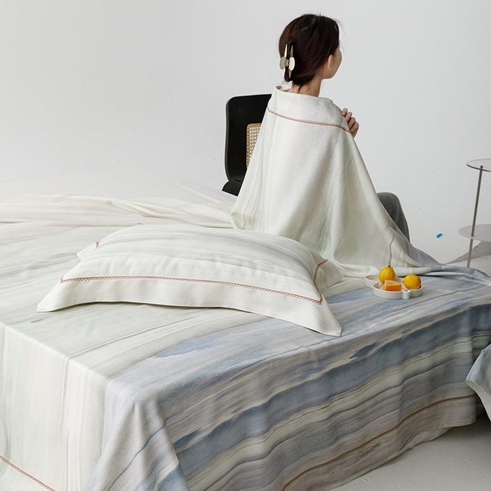 91家纺网 家纺一手货源 找家纺 洽想家 2025新款100%纯竹纤维凉席竹席冰丝席三件套空调席凉感席竹纤维软席子三件套 大理蓝