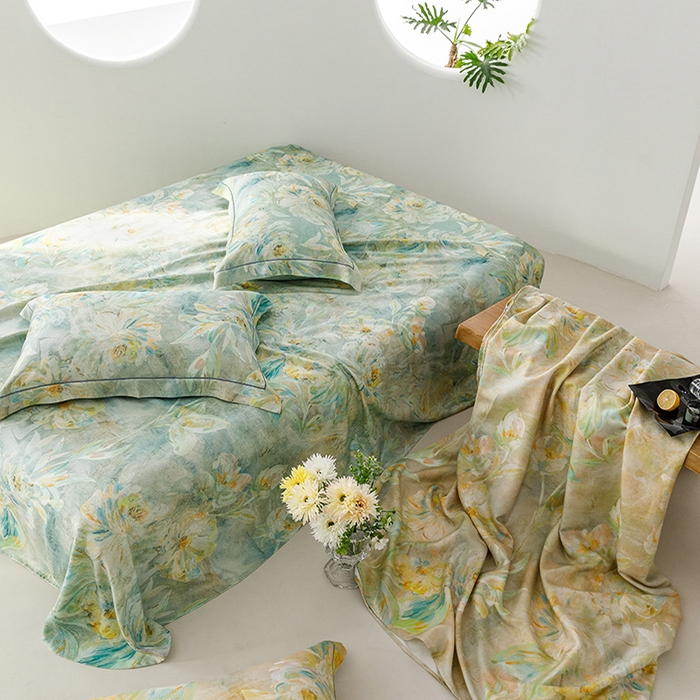 91家纺网 家纺一手货源 找家纺 洽想家 2025新款100%纯竹纤维凉席竹席冰丝席三件套空调席凉感席竹纤维软席子三件套 油画绿