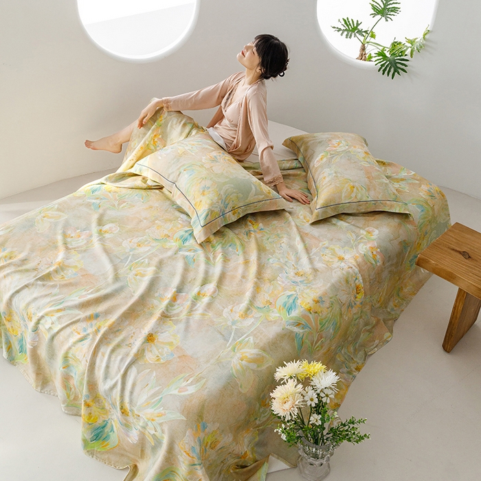 91家纺网 家纺一手货源 找家纺 洽想家 2025新款100%纯竹纤维凉席竹席冰丝席三件套空调席凉感席竹纤维软席子三件套 油画杏