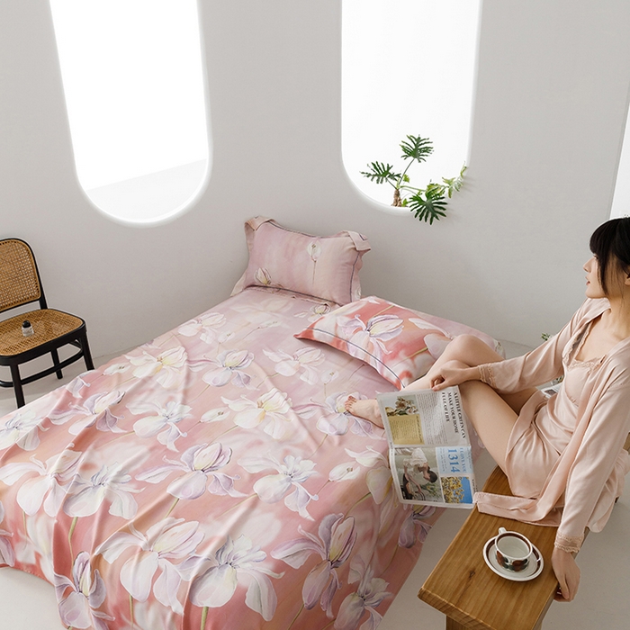 91家纺网 家纺一手货源 找家纺 洽想家 2025新款100%纯竹纤维凉席竹席冰丝席三件套空调席凉感席竹纤维软席子三件套 绽放粉