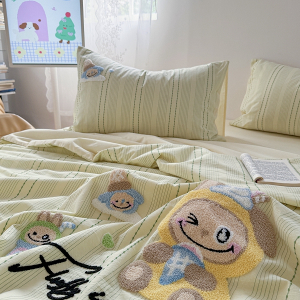 91家纺网 家纺一手货源 找家纺 柚子YOUTH 2025新款水洗棉提花毛巾绣夏被四件套 阿布布