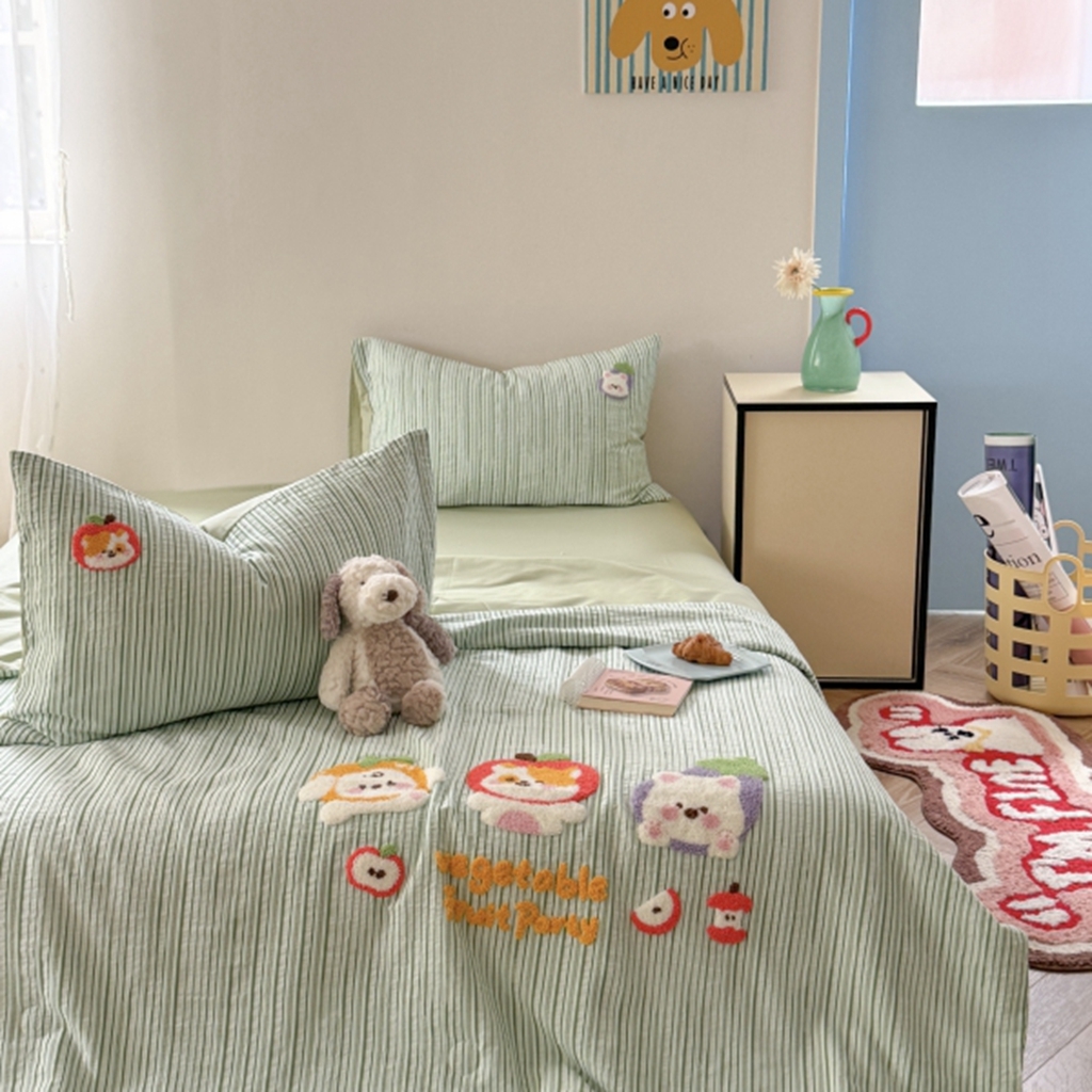 91家纺网 家纺一手货源 找家纺 柚子YOUTH 2025新款水洗棉提花毛巾绣夏被四件套 果蔬狗狗