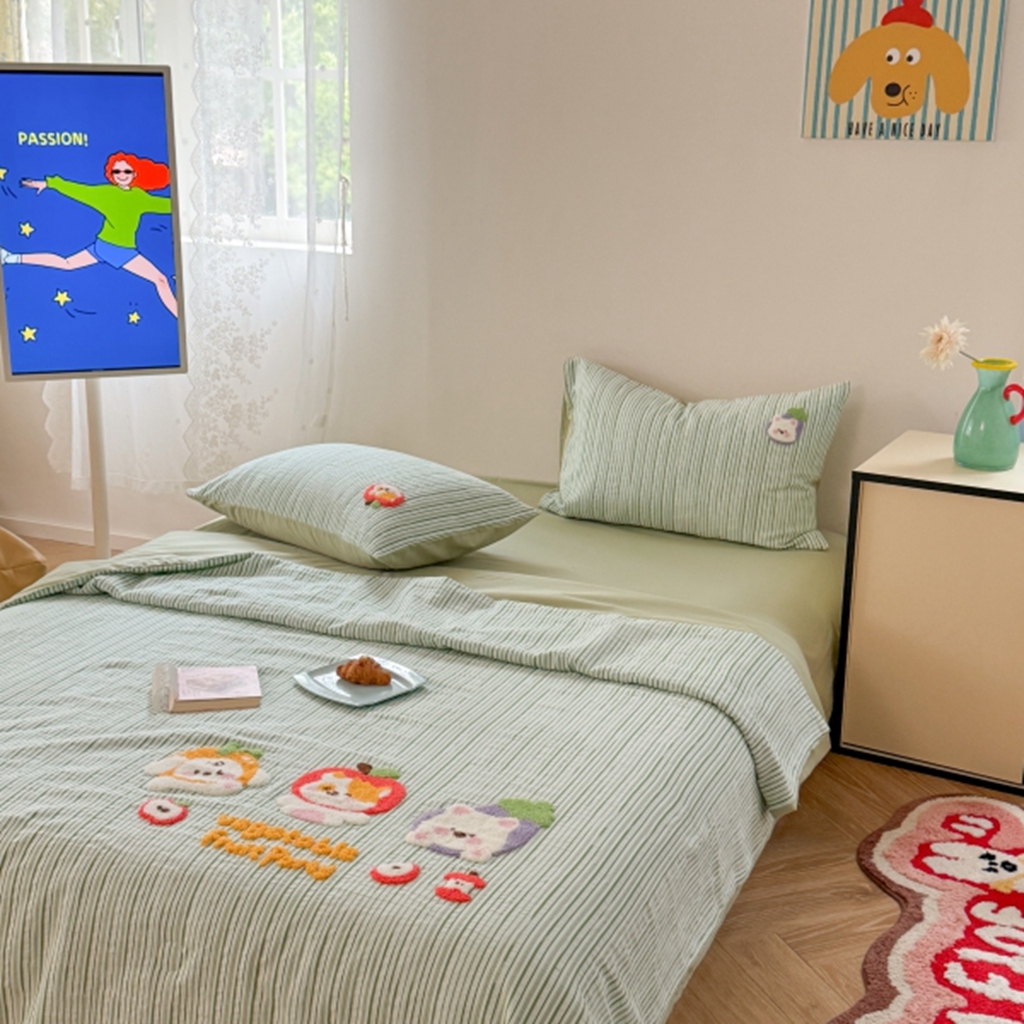 91家纺网 家纺一手货源 找家纺 柚子YOUTH 2025新款水洗棉提花毛巾绣夏被四件套 果蔬狗狗