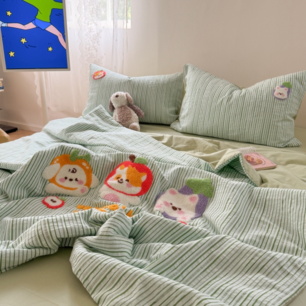 91家纺网 家纺一手货源 找家纺 柚子YOUTH 2025新款水洗棉提花毛巾绣夏被四件套 果蔬狗狗