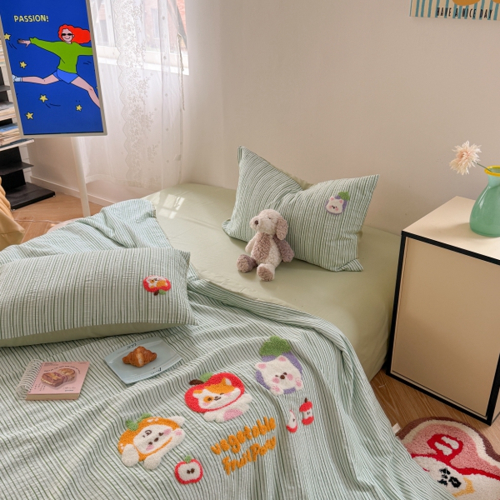 91家纺网 家纺一手货源 找家纺 柚子YOUTH 2025新款水洗棉提花毛巾绣夏被四件套 果蔬狗狗