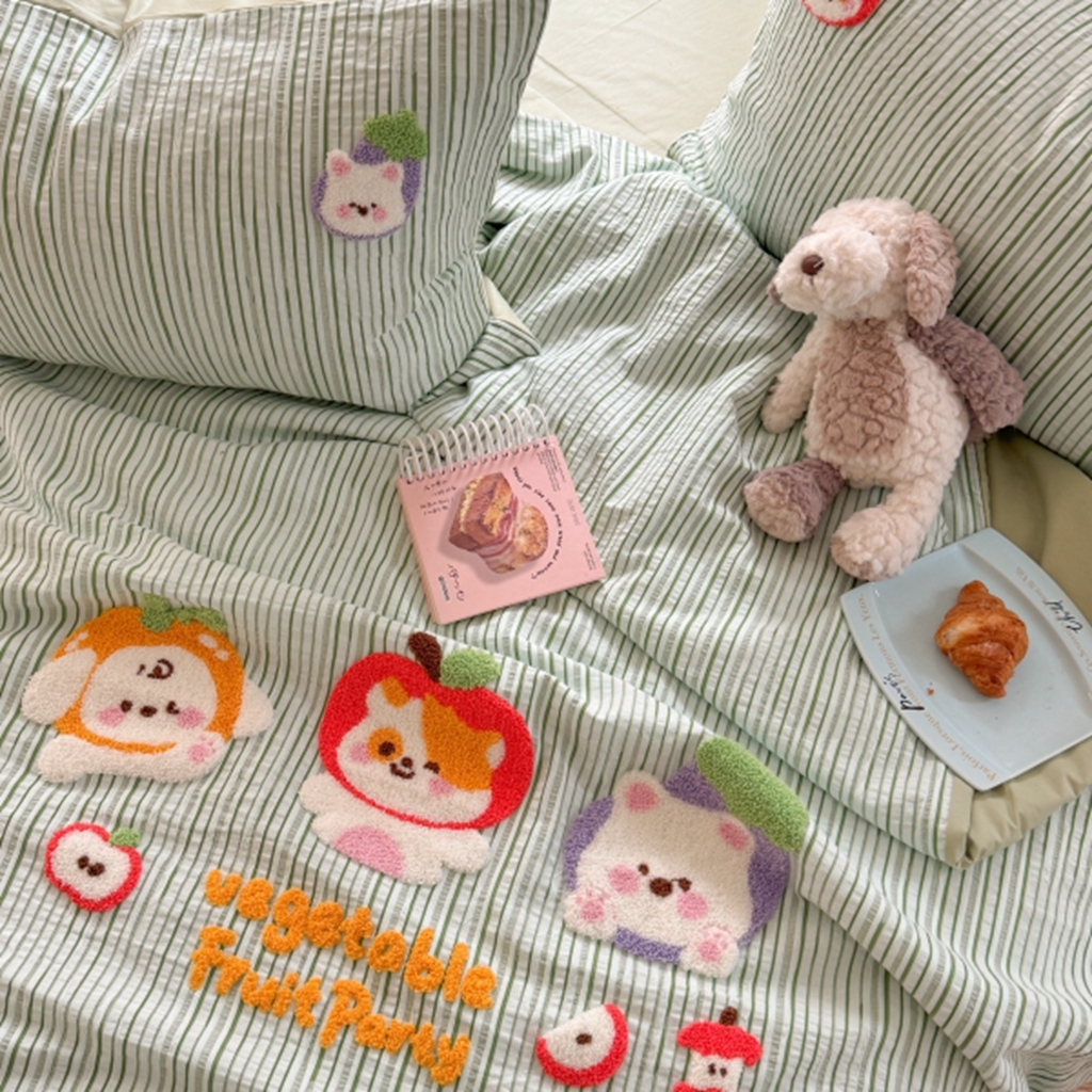 91家纺网 家纺一手货源 找家纺 柚子YOUTH 2025新款水洗棉提花毛巾绣夏被四件套 果蔬狗狗